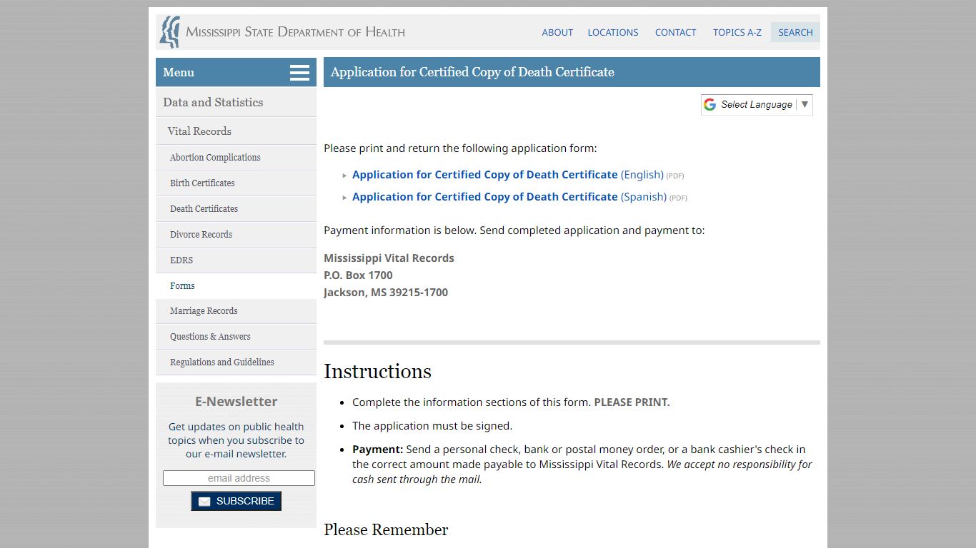 Application for Certified Copy of Death Certificate